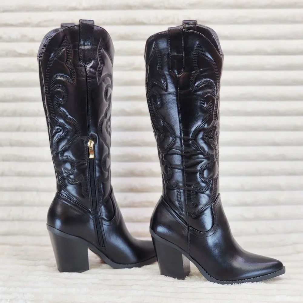 Electric Cowboy Jet Black Matte Western Knee High Cowgirl Boots Jet Black - Picture 8 of 15